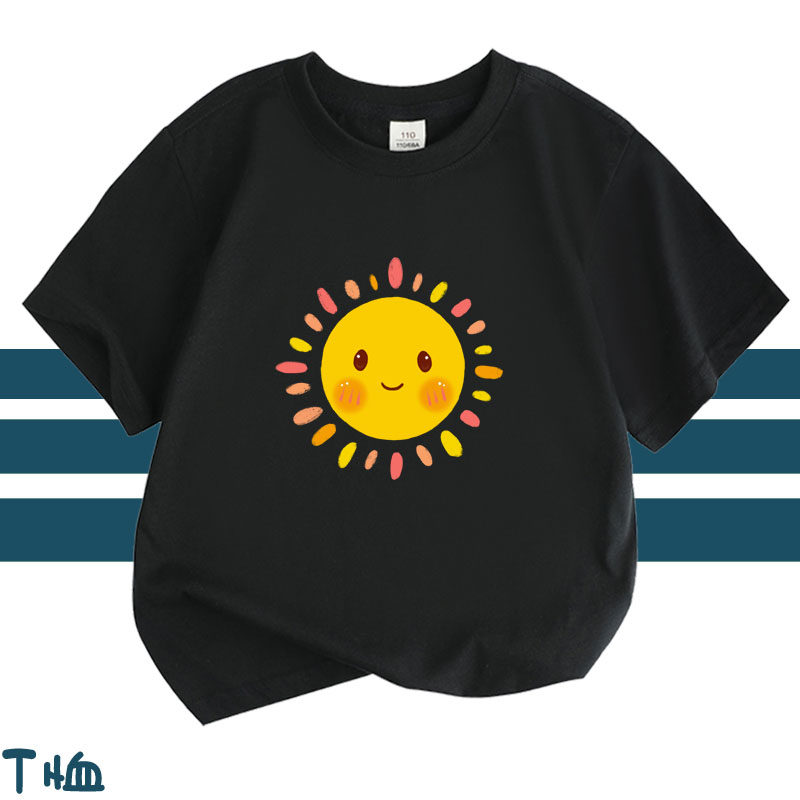 儿童黑色短袖T恤太阳图案衣服男女童衫幼儿园班服六一活动演出服