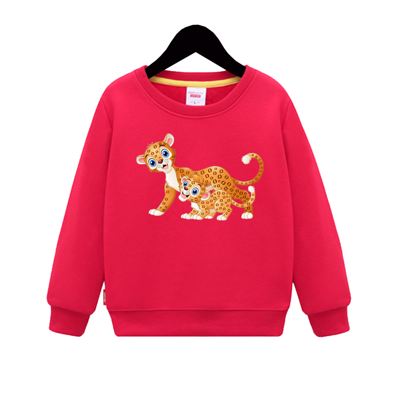 儿童女男童红色加绒卫衣秋冬外套宝宝中小童上衣豹子图案亲子童装
