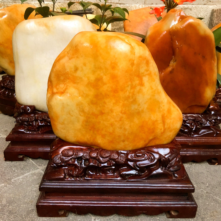 云南龙陵黄龙玉原石玉石黄蜡石奇石摆件实木底座客厅书房观赏摆设
