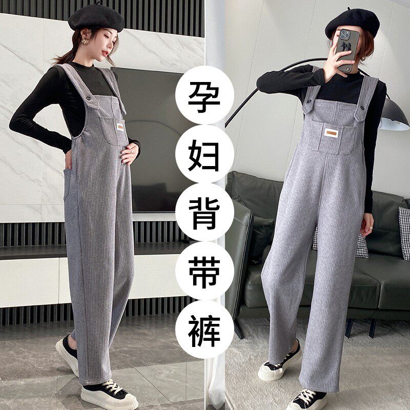 小个子孕妇套装加绒孕期时尚秋冬背带裤加厚直筒裤九分两件套女