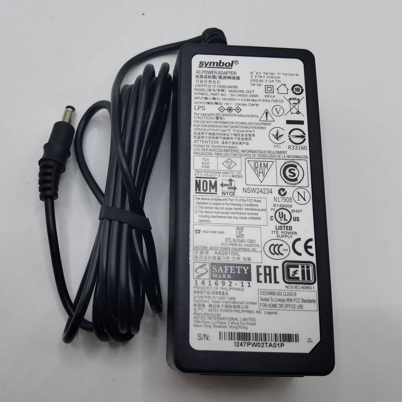 Symbol讯宝电源适配器，型号AA26100L，9V-2A