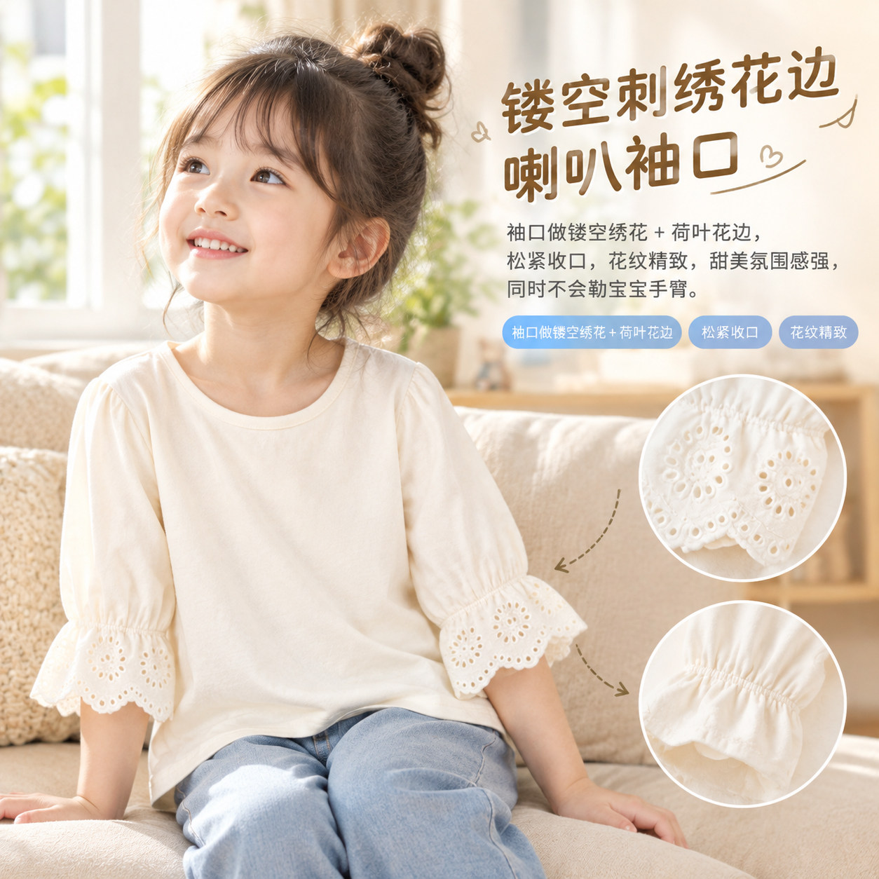 女童春秋纯棉七分袖花边T恤