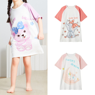 出口千家原单童装儿童夏款女童插肩袖萌趣可爱图案纯棉睡裙连衣裙