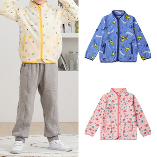 千家原单童装春秋拉链开衫双面摇粒绒面料男女童满印图案保暖外套