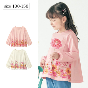 日系千家原单春秋女童 长款A字形裙式印花上衣 纯棉长袖T恤套头衫