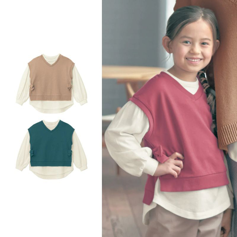 日系千家原单女童春秋冬时尚假两件叠穿拼接袖纯棉套头衫卫衣上衣