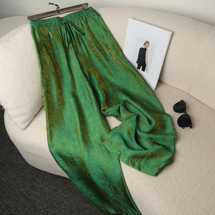 女 子女秋冬宽松显瘦阔腿裤 流光叠影墨绿色提花缎新中式 休闲加绒裤