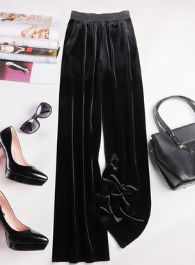 黑色丝绒裤子女2025春秋新款显瘦显高立体垂坠亮丝松紧腰阔腿裤女