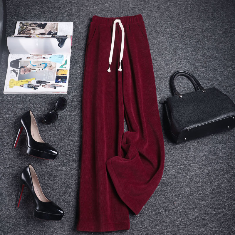 加绒裤子女秋冬酒红色阔腿裤女