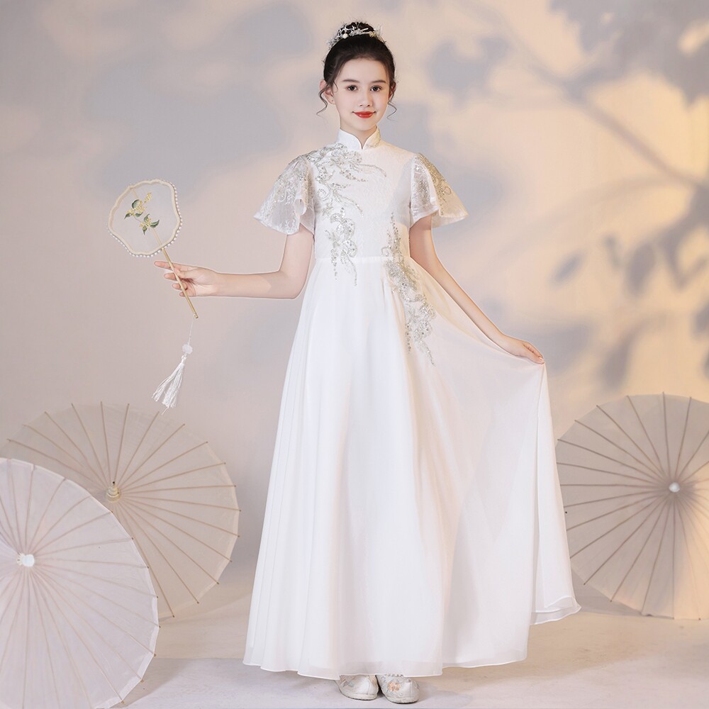 2025新款儿童礼服白色花童中式旗袍女童弹古筝演出服民乐演奏艺考