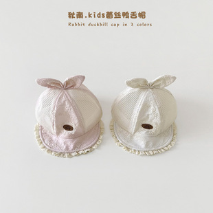 婴儿帽子夏季新款可爱兔子蕾丝网鸭舌帽女童宝宝防晒遮阳帽