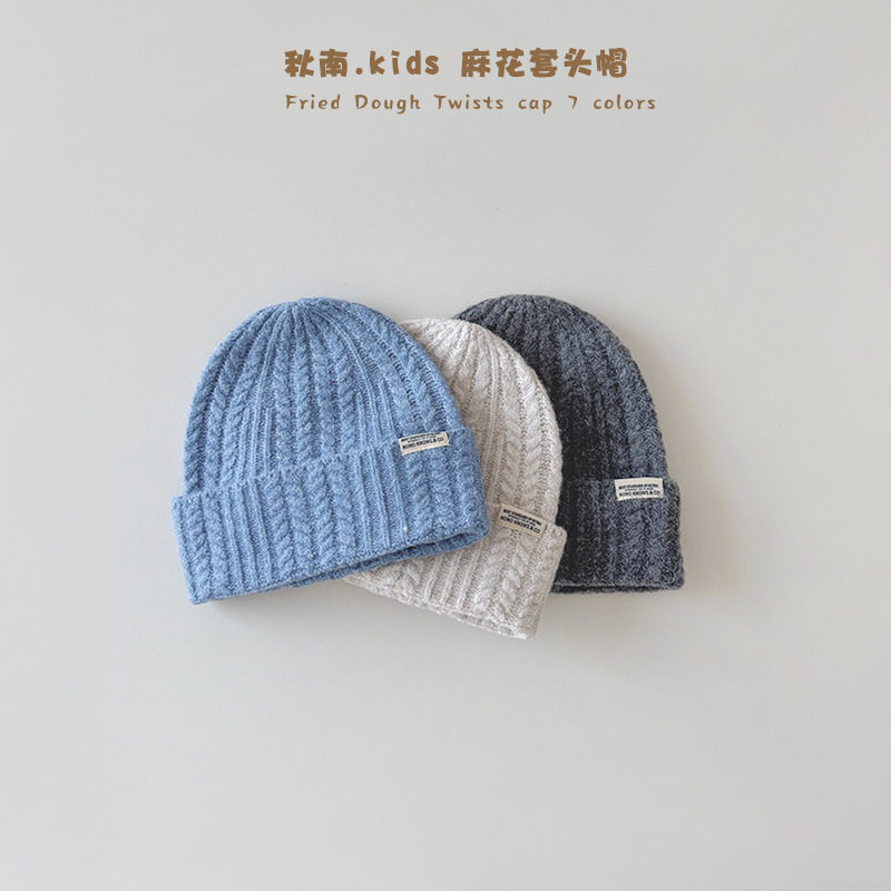 儿童帽子秋冬新款时尚字母标麻花套头帽男童女童针织帽宝宝毛线帽