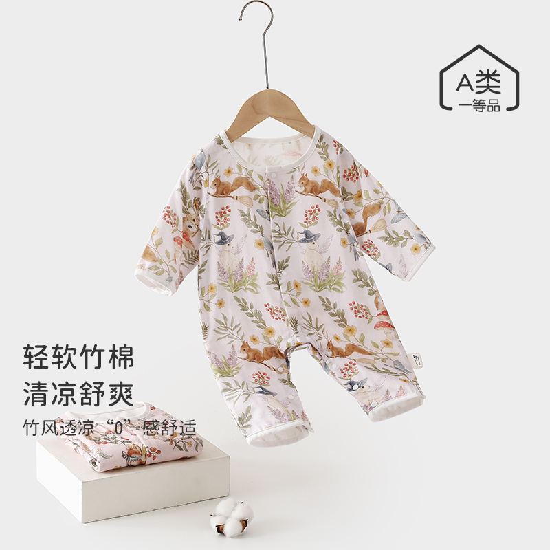 宝宝春夏长袖连体衣新生儿夏季纱布空调服婴幼儿无骨哈衣爬服薄款