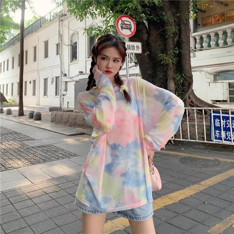 新款网纱防晒服时尚韩版宽松显瘦扎染长袖女夏网红外搭冰丝罩衫