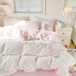 双面绒四件套兔毛绒牛奶绒冬季加厚保暖公主风粉色蝴蝶结刺绣床品
