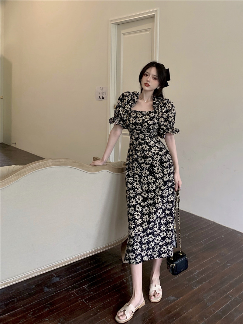 Real price real shot Vintage square neck bubble sleeve short sleeve Printed Dress