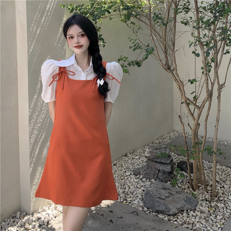 Real price Hepburn style loose bubble sleeve versatile shirt + U-neck bow age reducing strap dress