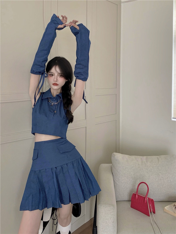 Summer Denim Short top high waist short skirt suit