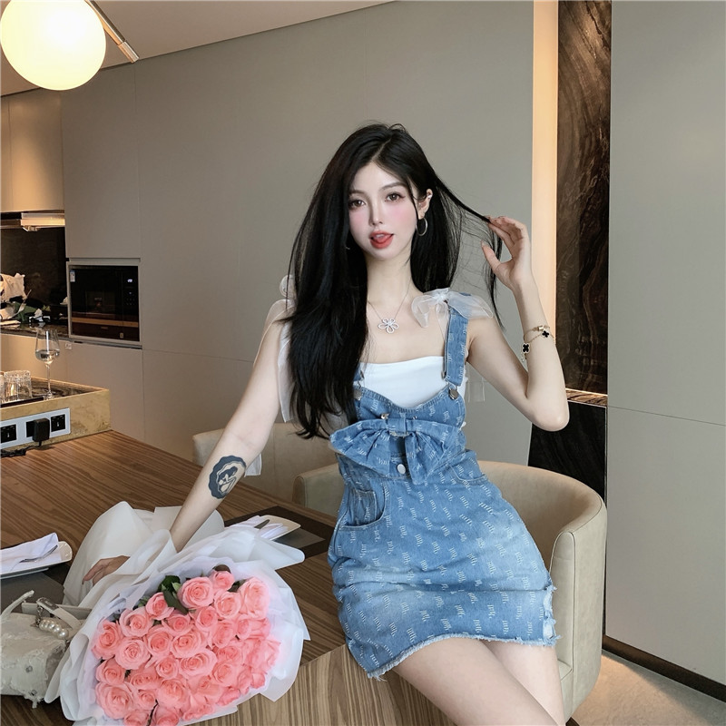 Real price real auction bandage ribbon bow with vest sling + burnt flower strap denim skirt