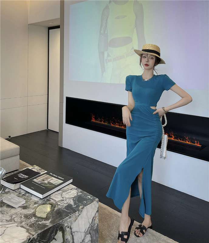 Real price real auction round neck open waist waist bag hip split dress