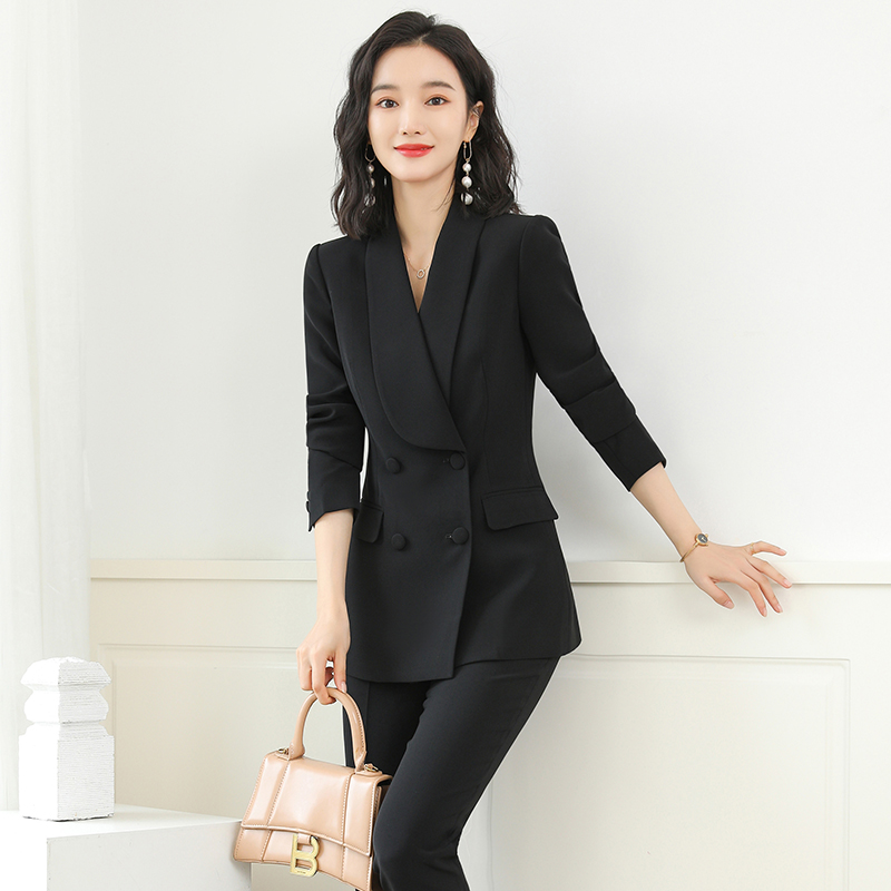 西装套装女夏季2025新款时尚双排扣休闲正装黑色西服外套女工作服