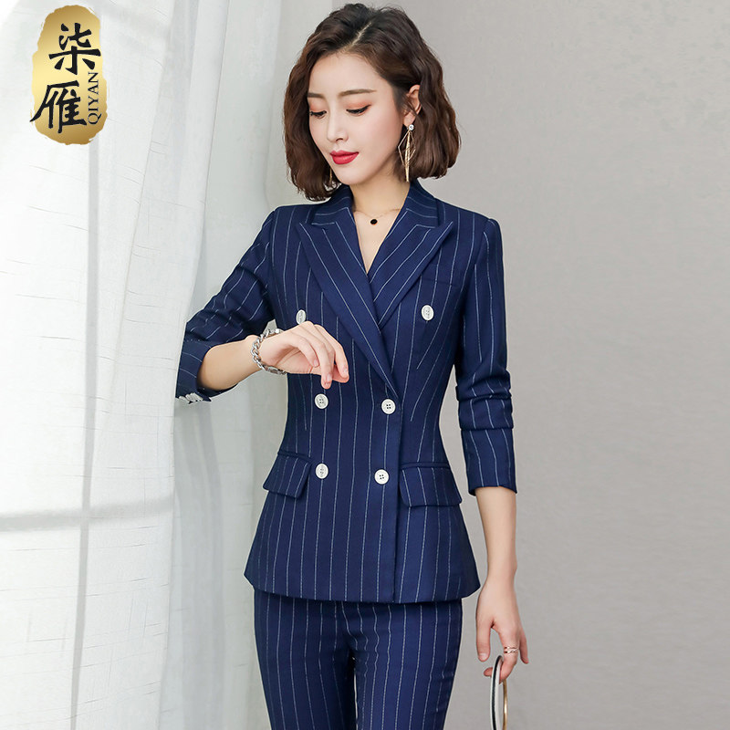 职业装条纹西装外套女新款气质韩版西服套装时尚通勤英伦风工作服