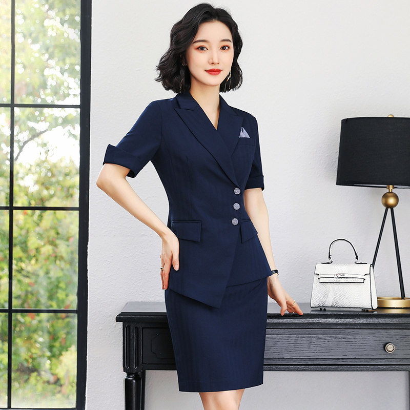 柒雁夏季薄款短袖职业西装外套女气质女神范套裙酒店售楼部工作服