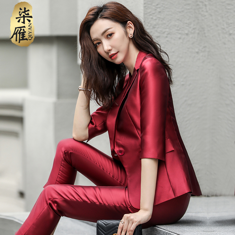 2025夏季职业装气质女神范时尚红色西装正装女修身西服套装工作服