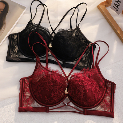 新品专柜捡漏本命年红色内衣女薄款大胸显小性感蕾丝美背文胸套装