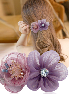 日韩国发夹弹簧夹一字夹子成人顶夹子花朵娟纱大气质发饰品A0639