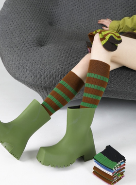 秋冬袜子女棉及膝袜ins潮网红同款绿色条纹小腿袜显瘦高筒长袜子