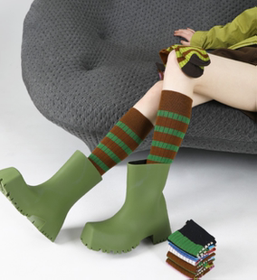 秋冬袜子女棉及膝袜ins潮网红同款 绿色条纹小腿袜显瘦高筒长袜子