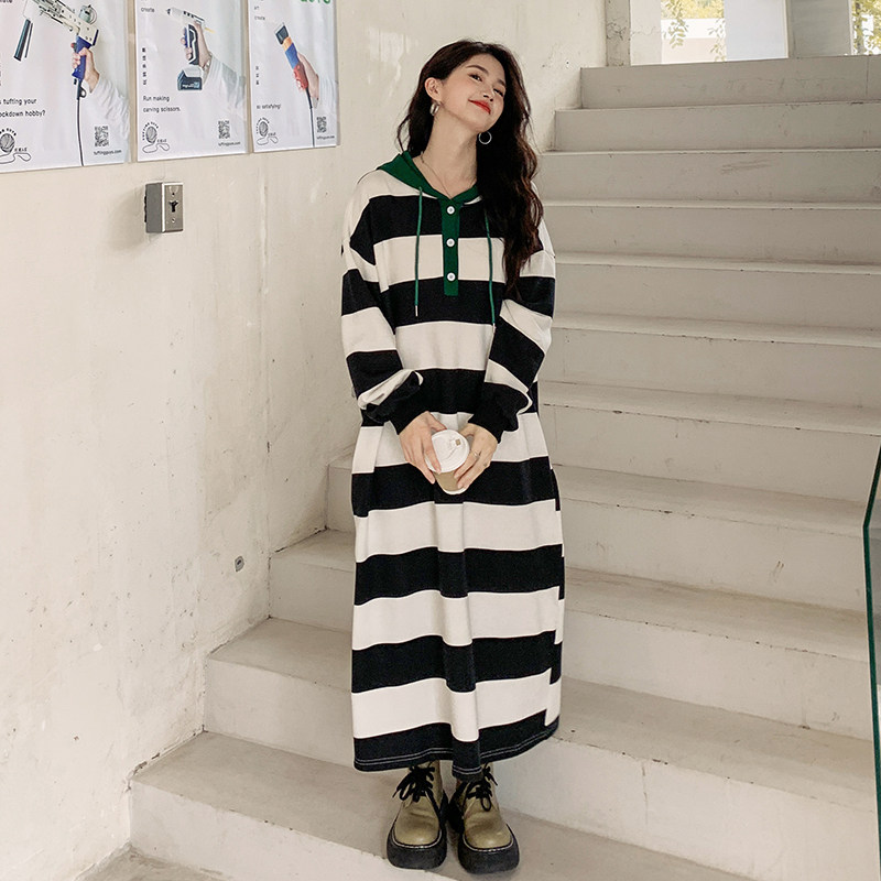 196出货 条纹连衣裙女卫衣裙 A160黑白条纹 P125 控178图片