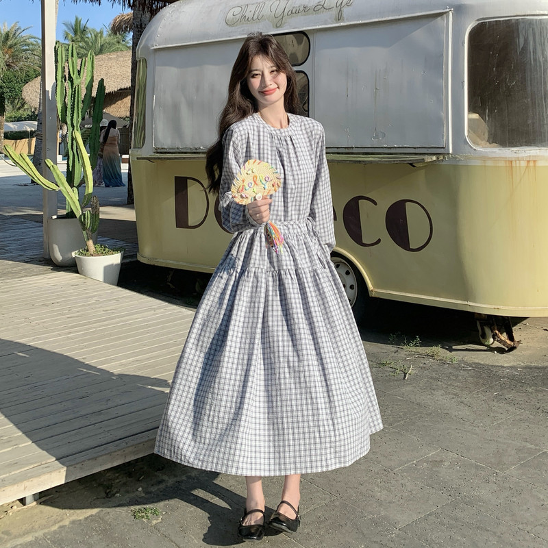196现货长袖格子连衣裙春秋7030新款P150控235，女装连衣裙，昱喆服饰
