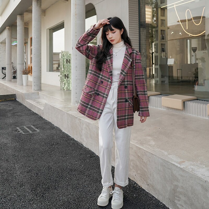196出货 格子西装毛呢外套女 A012-2紫色 P125 控178图片