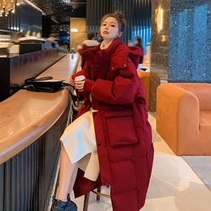 红色羽绒棉服女中长款过膝加厚冬季新款韩系温柔小个子棉袄衣外套图片