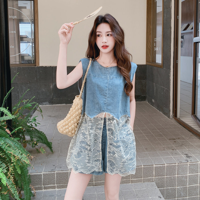 现货牛仔套装蕾丝拼接时尚套装2C512-7089-P145-控238，女装套装/套裙，昱喆服饰