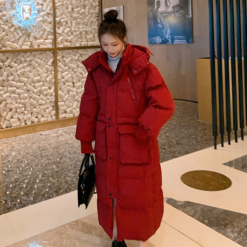 红色长款90白鸭绒羽绒服女冬2023新款加厚保暖设计感小众过膝外套图片