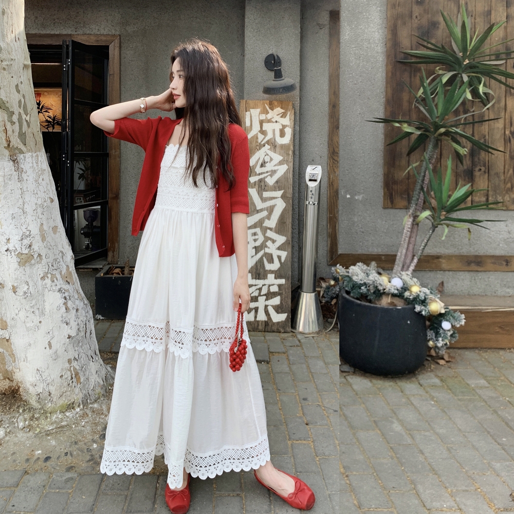 法式度假风针织开衫长裙两件套女2025夏季新款轻奢蕾丝吊带连衣裙，商品下架区商品下架区，昱喆服饰