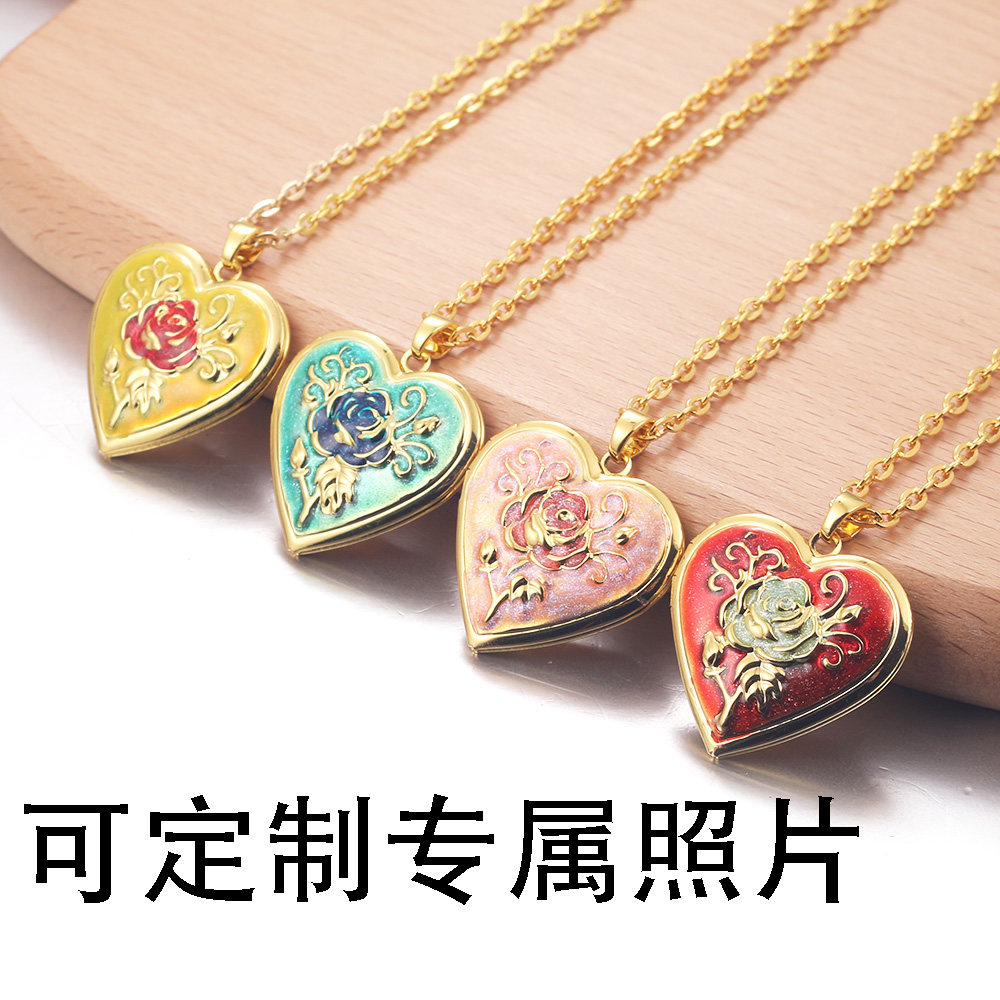 可定制照片欧美简约高级感爱心相盒吊坠铜饰品珐琅复古相框项链女