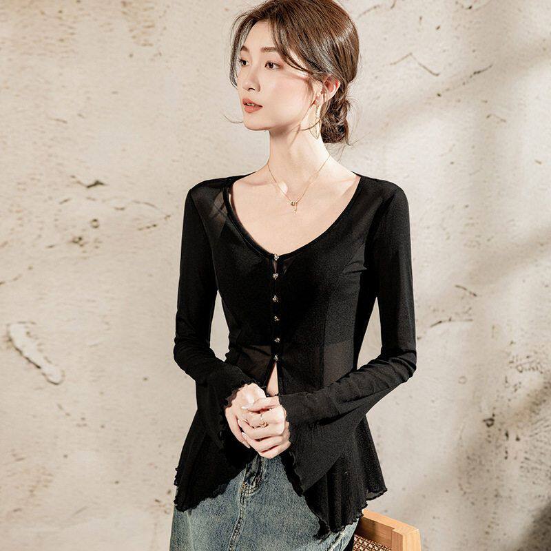 网纱领衬衫女纽扣2025春夏季透视