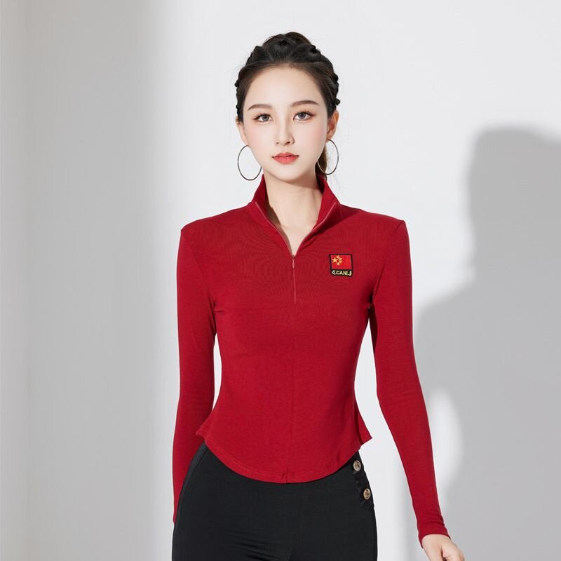 拉丁舞上衣女成人新款摩登舞服装高领国标舞练功服长袖跳舞衣秋