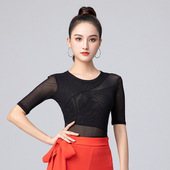 网纱国标形体练功衣服中袖 拉丁舞服上衣女成人连裆新款 跳舞蹈服装