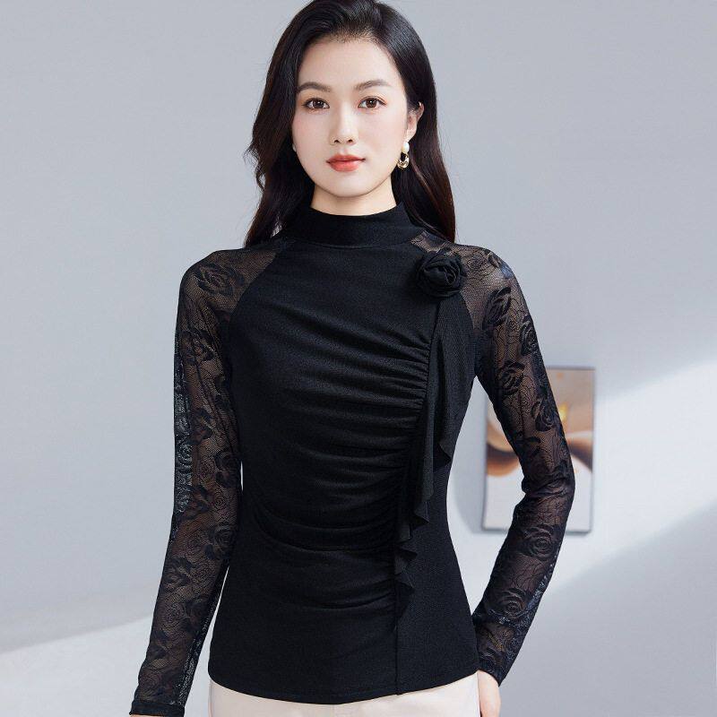 秋装蕾丝长袖拼接小衫女上衣设计