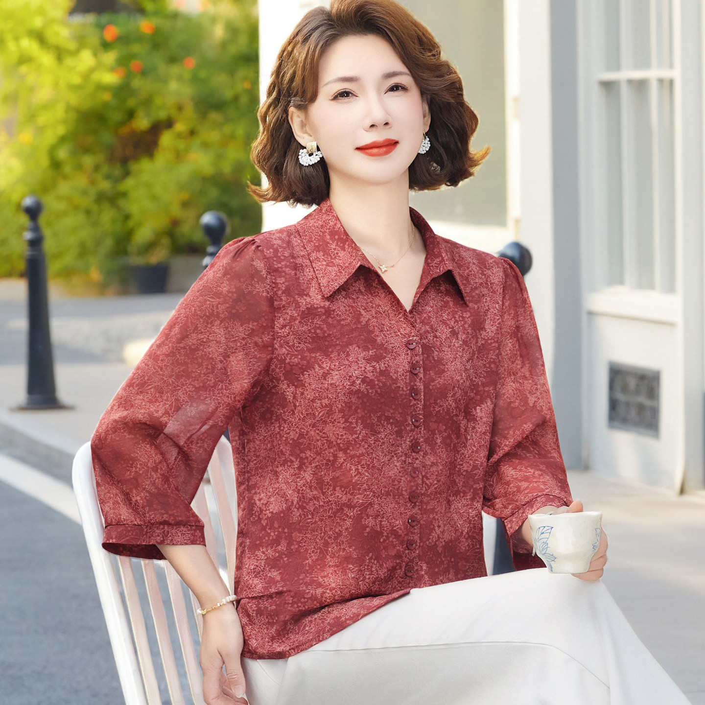妈妈夏装衬衫中年妇女洋气上衣中老年人女春夏雪纺七分袖开衫套装