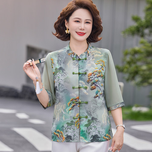 新中式国风妈妈春夏季衬衫短袖薄