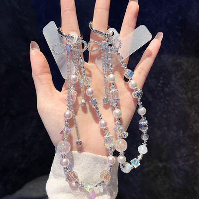 水钻蝴蝶结流苏珍珠手链手机挂绳ins时尚小清新手腕短链手工串珠