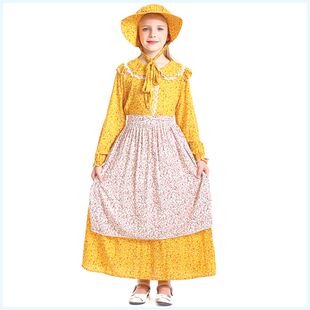 黄色碎花殖民地女孩 亚马逊货源草原先锋开拓者服装 田园风连衣裙