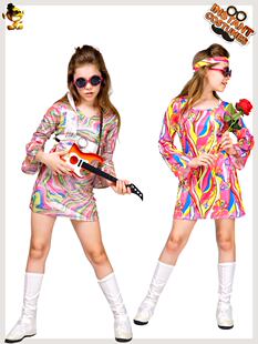 小女孩儿童复古嬉皮士服装 女童迪斯科舞台表演演出服饰cosplay