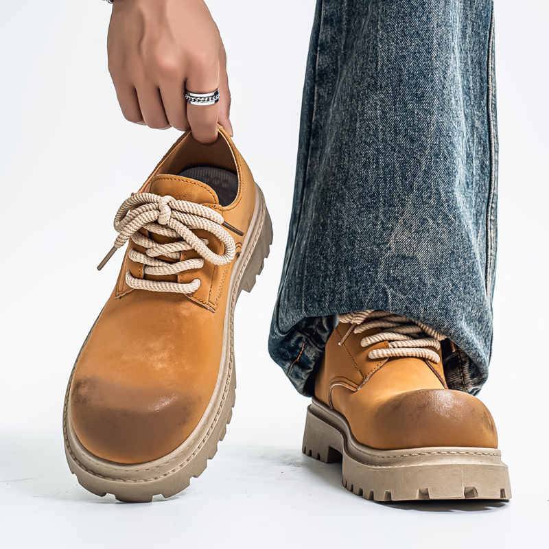 大头厚底商务休闲德比鞋棕色潮流百搭小众增高工装皮鞋男复古马丁
